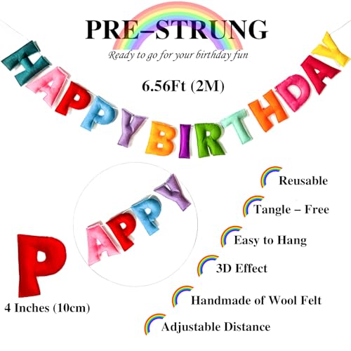 KUQJJQU Pre-Strung Happy Birthday Banner – Felt Ball Garland, Rainbow Birthday Decor