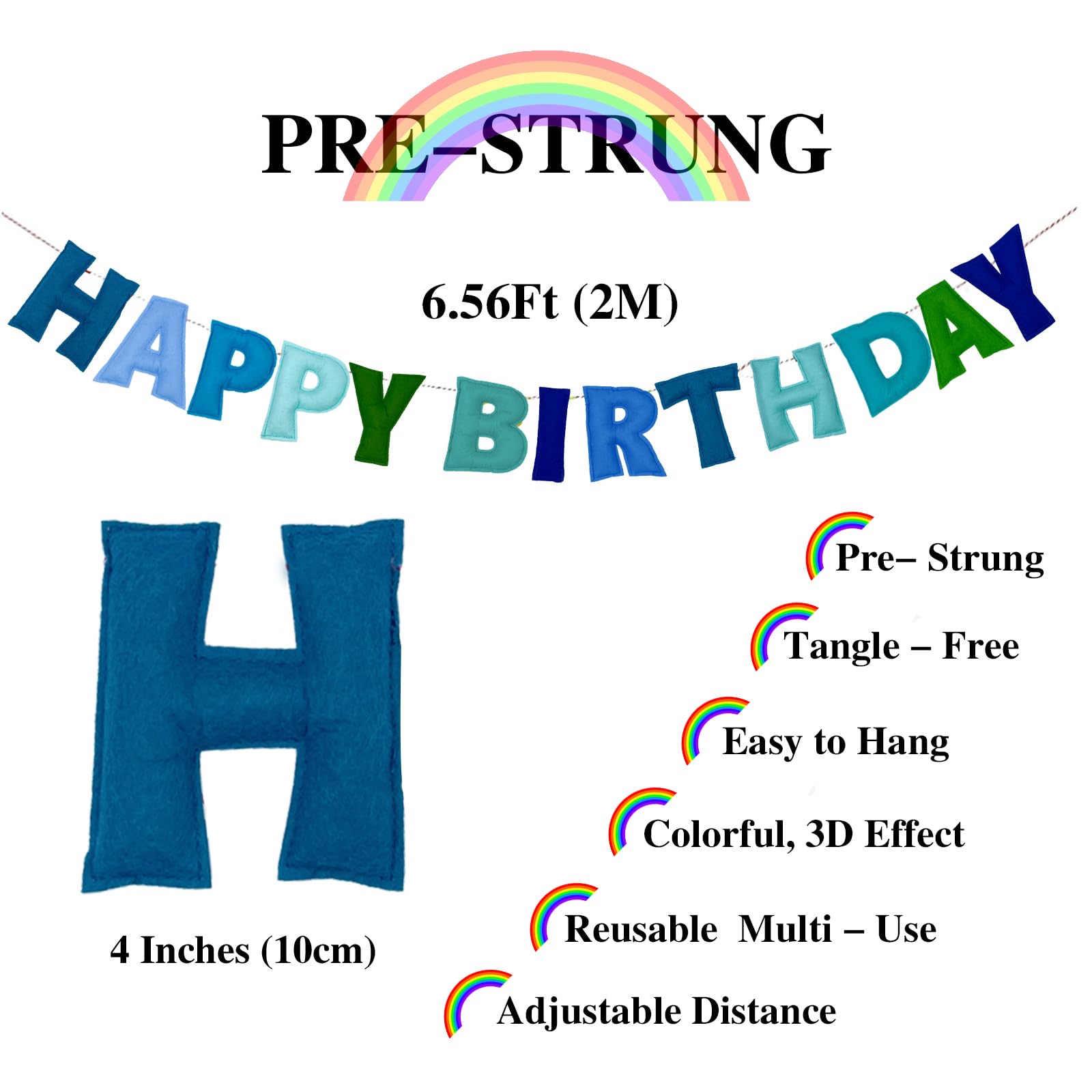 KUQJJQU Pre-Strung Happy Birthday Banner – Felt Ball Garland, Rainbow Party Decor (Blue)