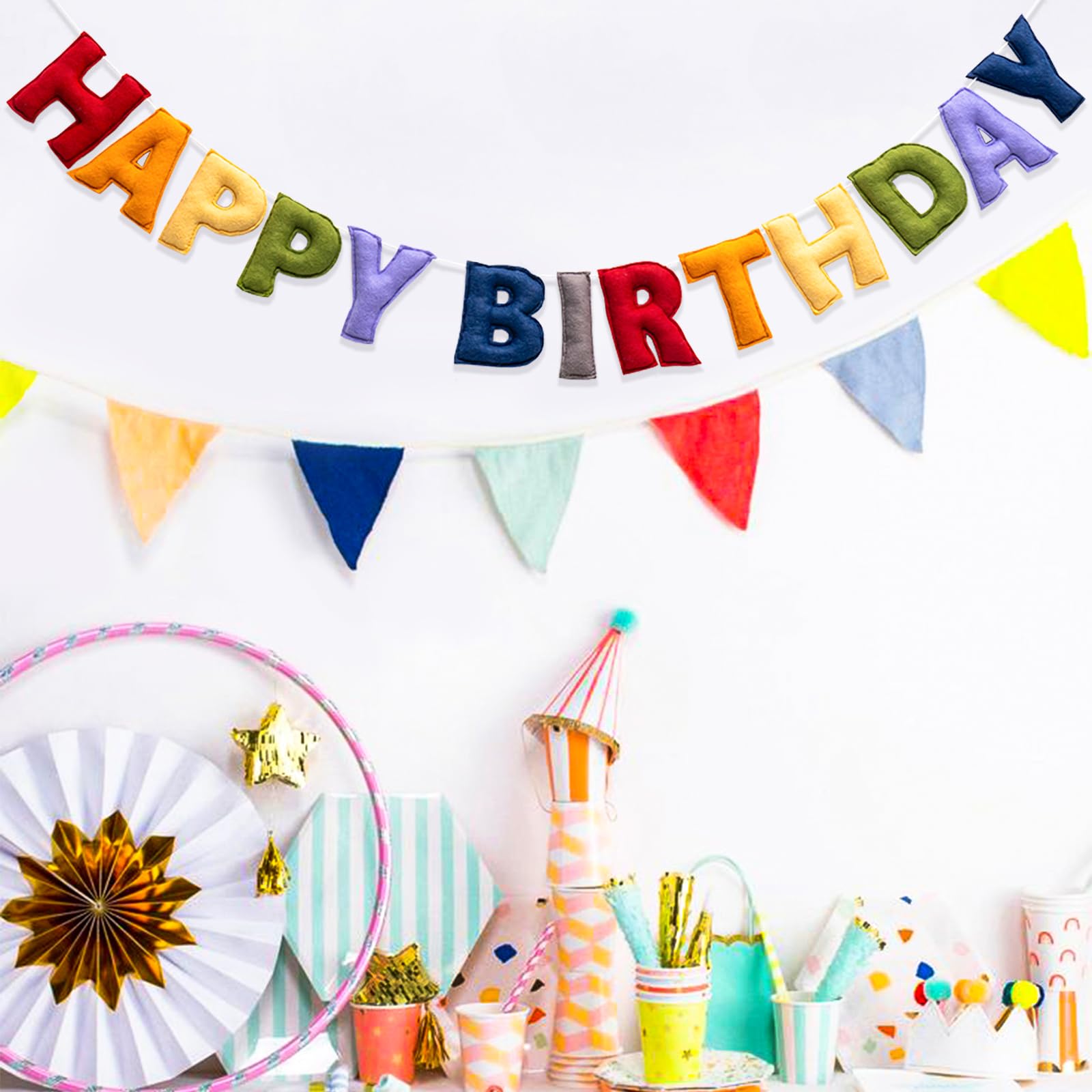 KUQJJQU Pre-Strung Happy Birthday Banner - Retro Classic Felt Garland