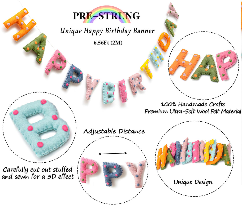 KUQJJQU Pre-Strung Wool Felt Birthday Banner – Colorful 3D Dots Garland
