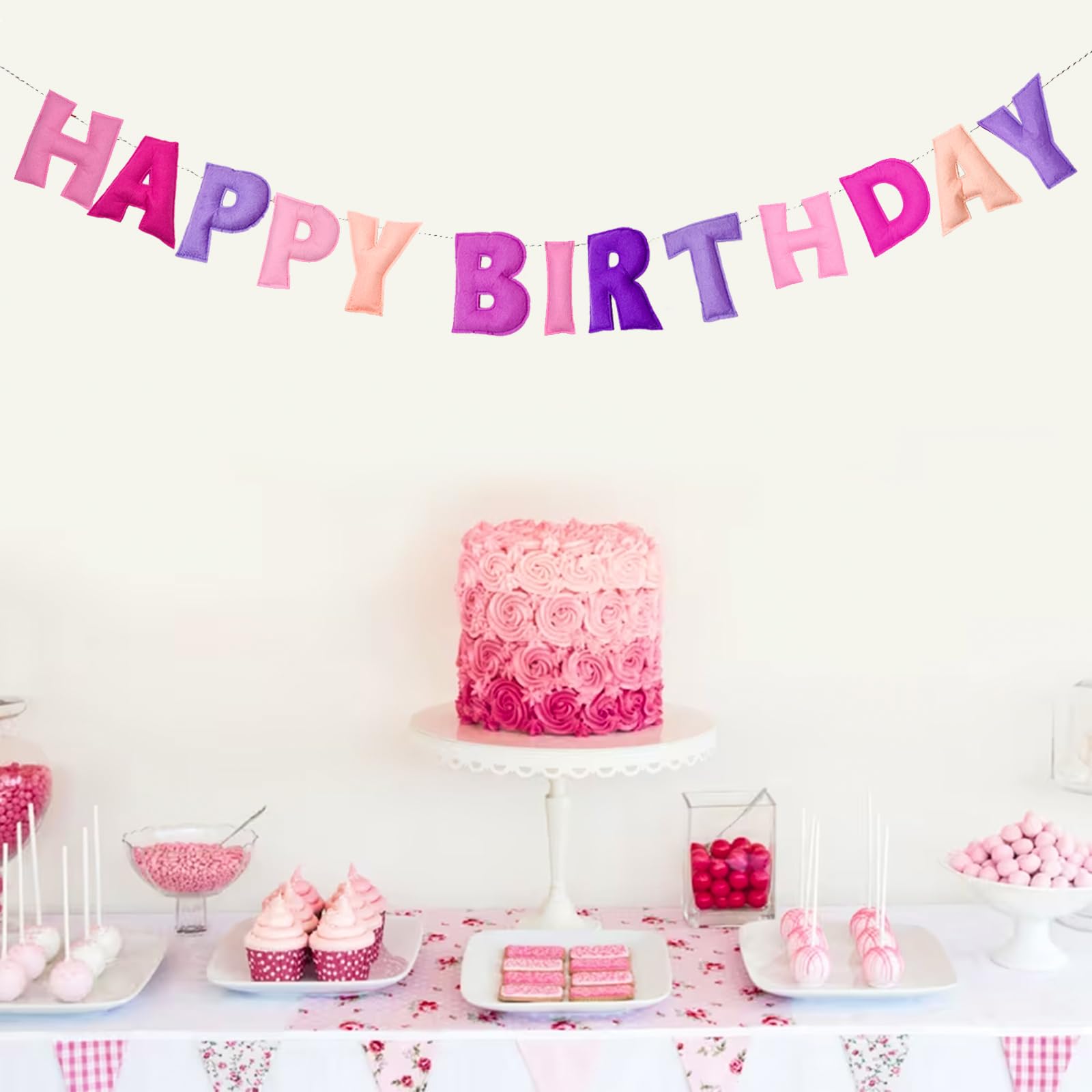KUQJJQU Pre-Strung Happy Birthday Banner – Pink Felt Ball Garland