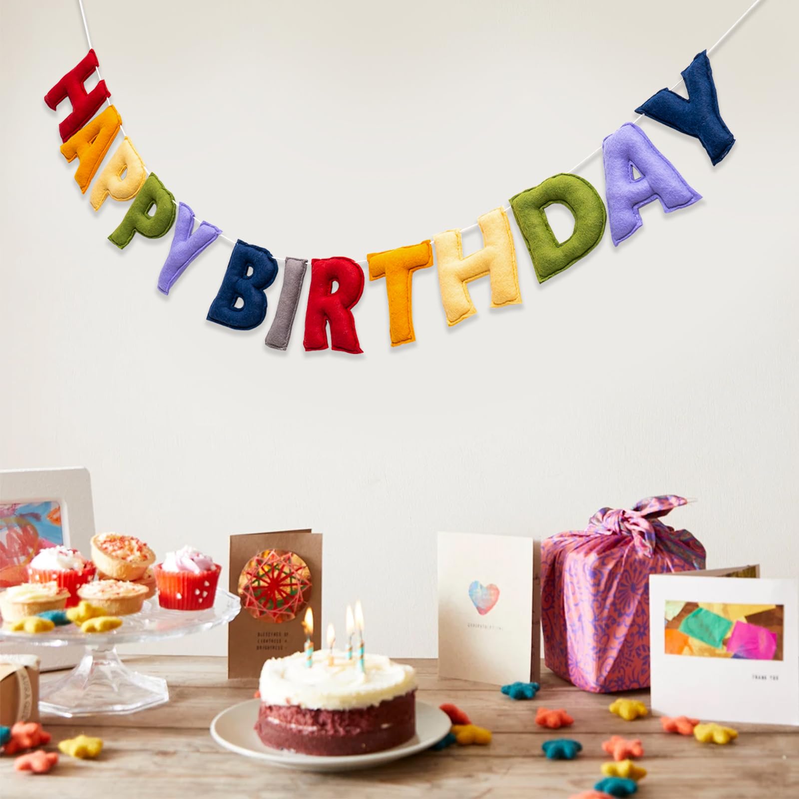 KUQJJQU Pre-Strung Happy Birthday Banner - Retro Classic Felt Garland
