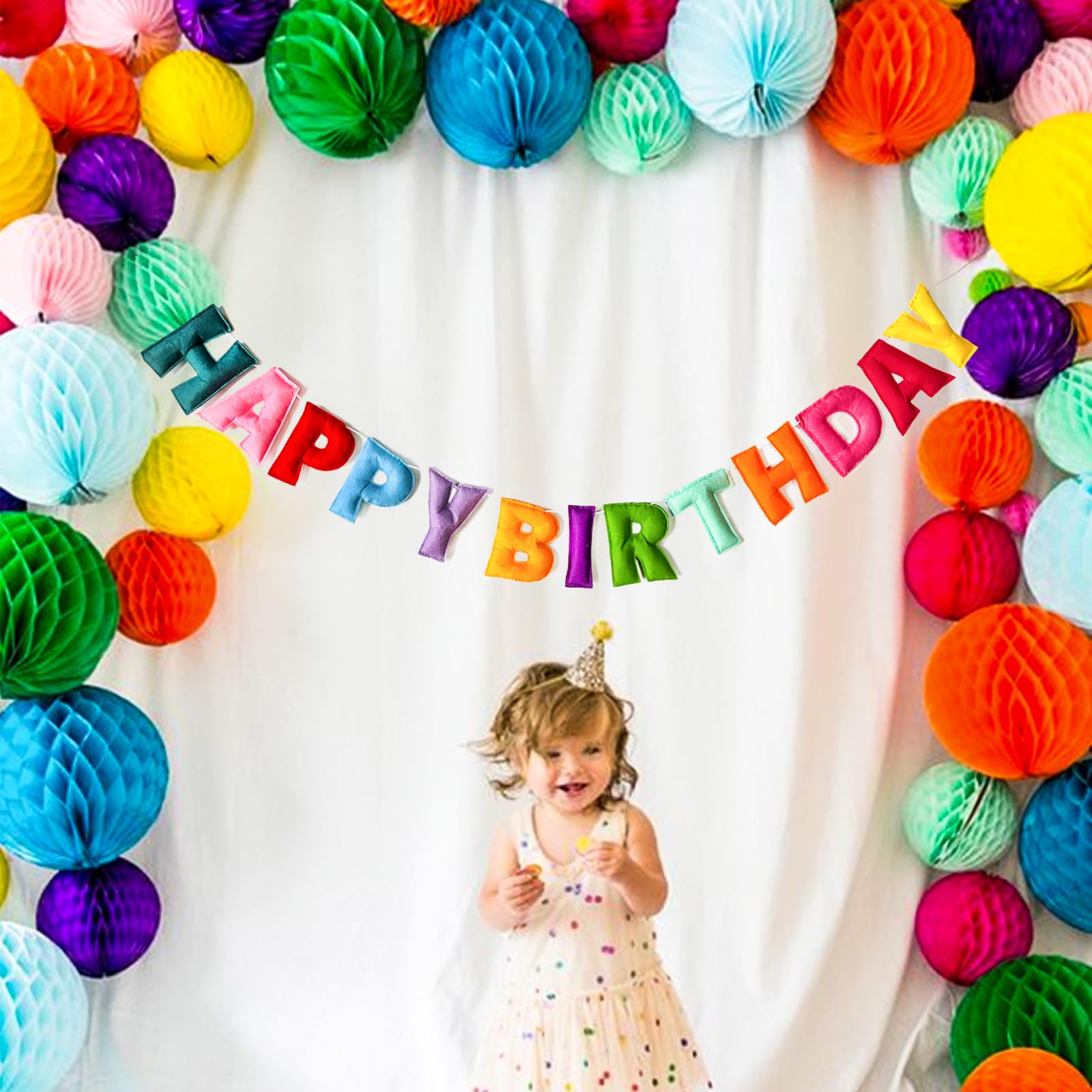 KUQJJQU Pre-Strung Happy Birthday Banner – Felt Ball Garland, Rainbow Birthday Decor