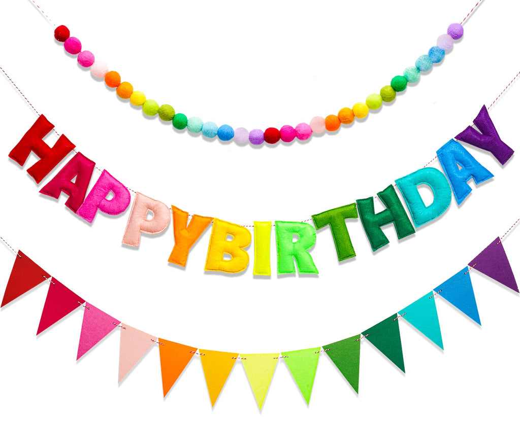 KUQJJQU 3-Pcs Pre-Strung Birthday Banner Set — Handmade Wool Felt Rainbow Garland with Triangle Flags