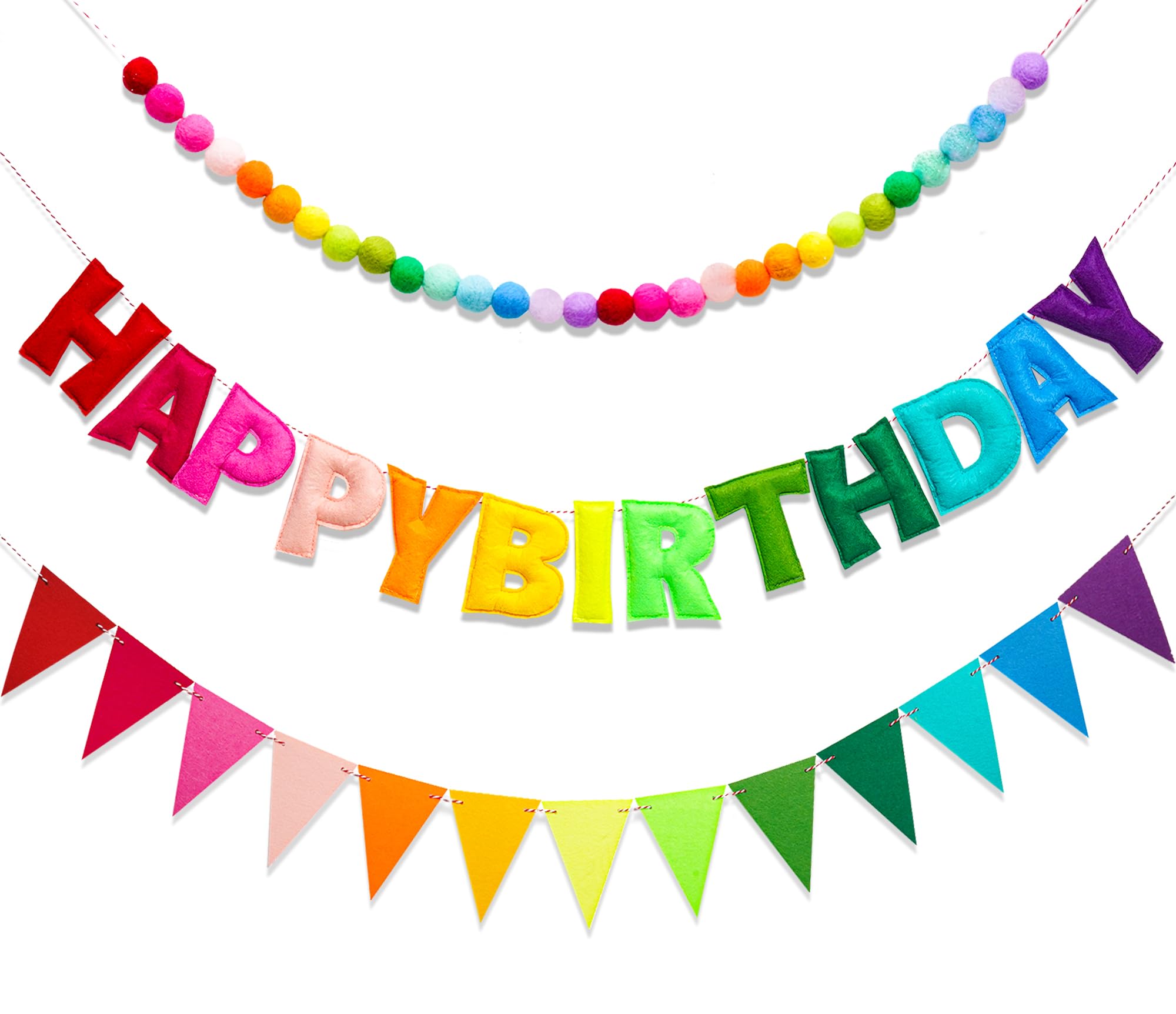 KUQJJQU 3-Pcs Pre-Strung Birthday Banner Set — Handmade Wool Felt Rainbow Garland with Triangle Flags