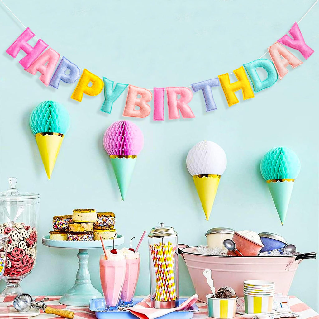 KUQJJQU Pre-Strung Happy Birthday Banner – Felt Ball Garland, Pastel Rainbow Party Decor