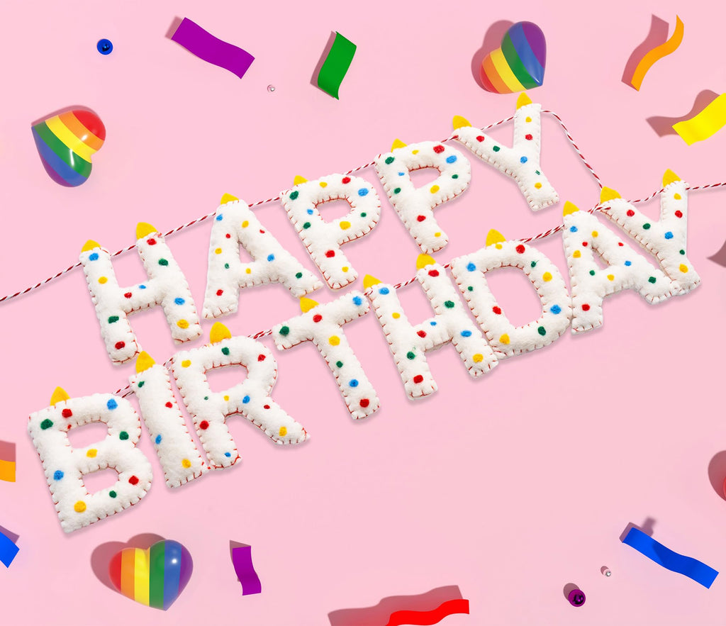 KUQJJQU Pre-Strung Happy Birthday Banner – Handmade Wool Felt 3D Letters, Rainbow Party Decor