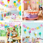 KUQJJQU Pre-Strung Happy Birthday Banner – Felt Ball Garland, Pastel Rainbow Party Decor