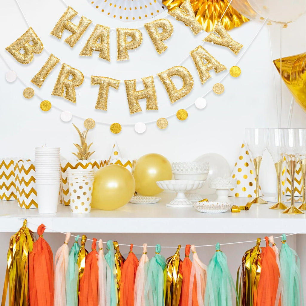 KUQJJQU Pre-strung Gold Glitter Happy Birthday Banner Garland – Reusable Gold Party Decor