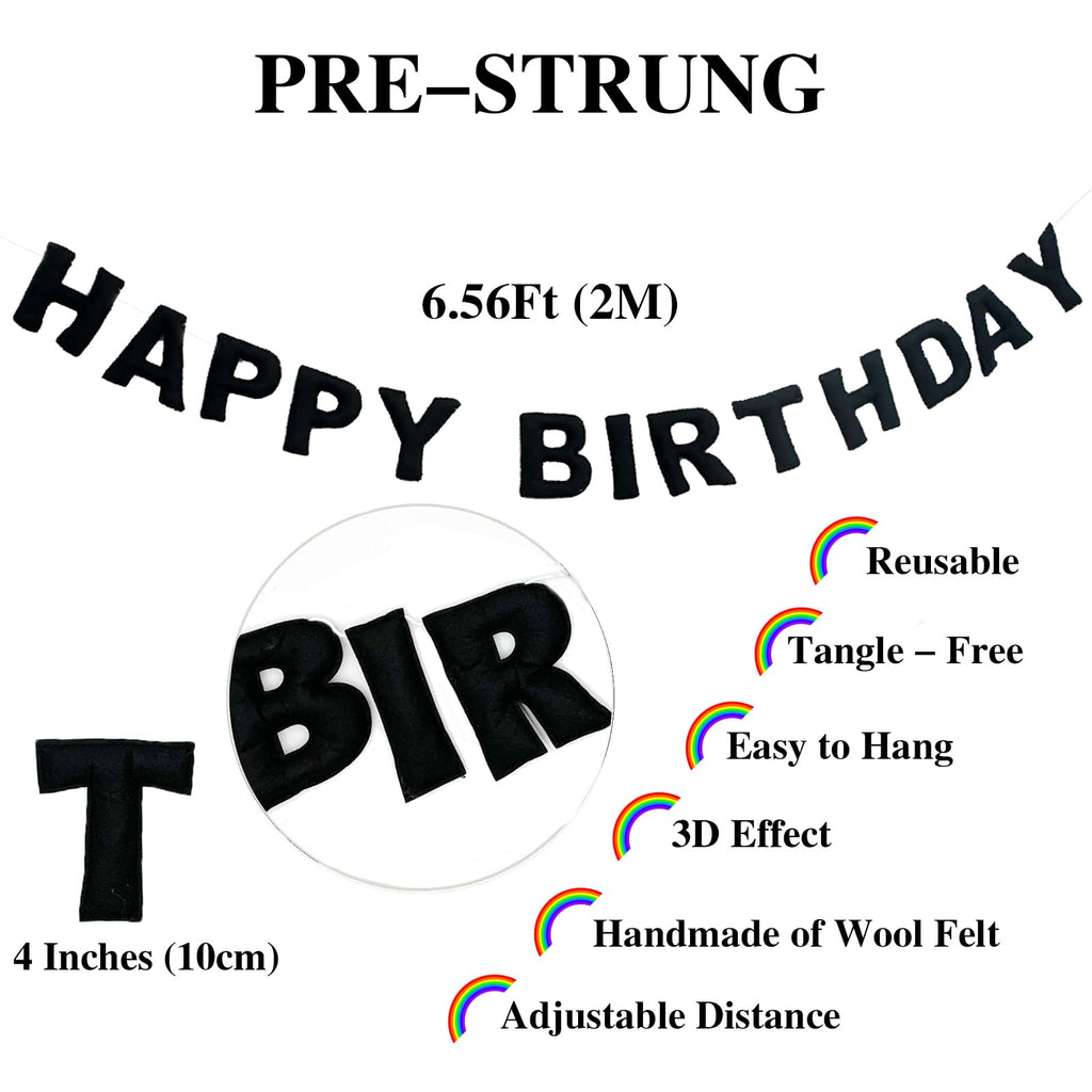 KUQJJQU Meygajoe Pre-Strung Felt Happy Birthday Banner – Black, Reusable Garland (M-123)