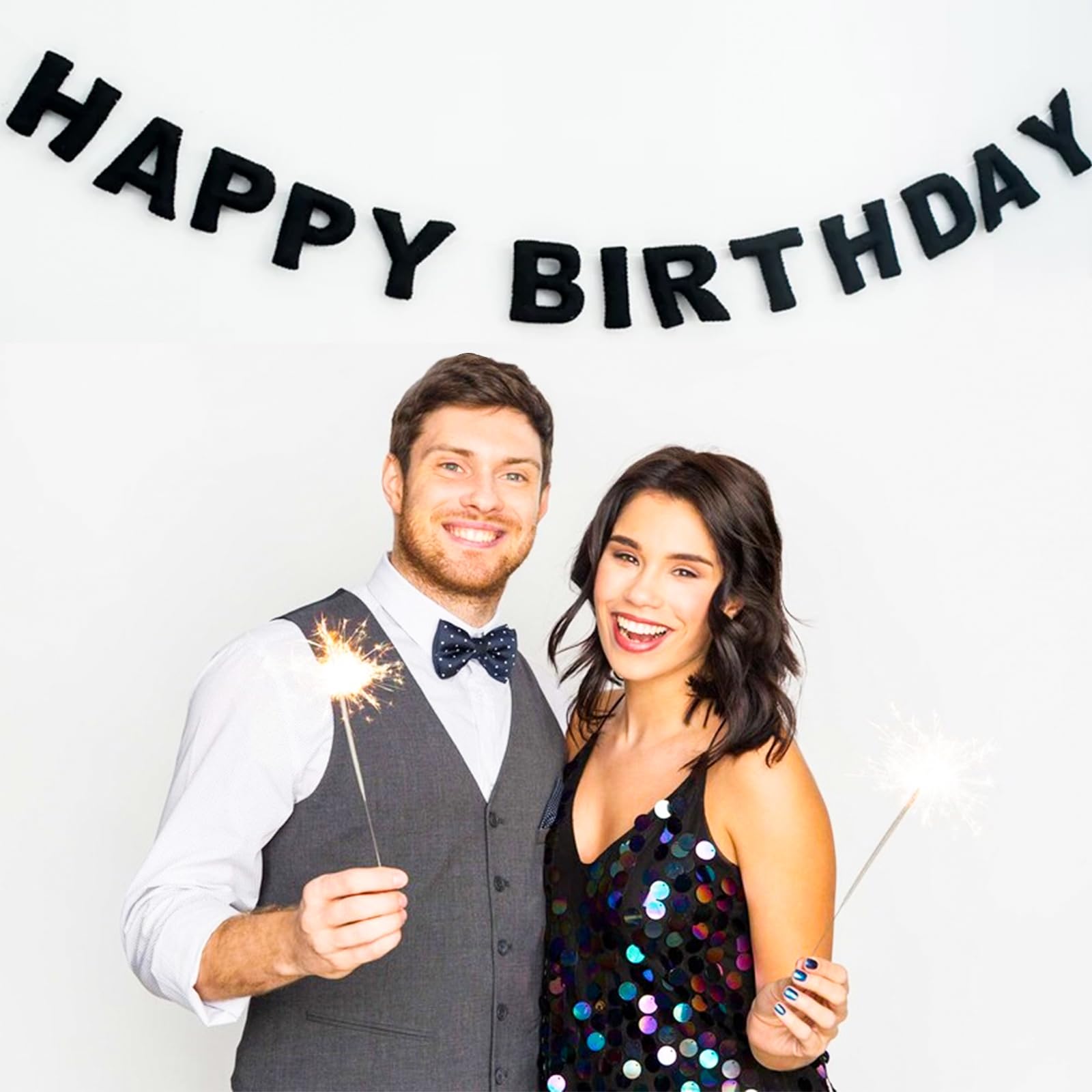 KUQJJQU Meygajoe Pre-Strung Felt Happy Birthday Banner – Black, Reusable Garland (M-123)