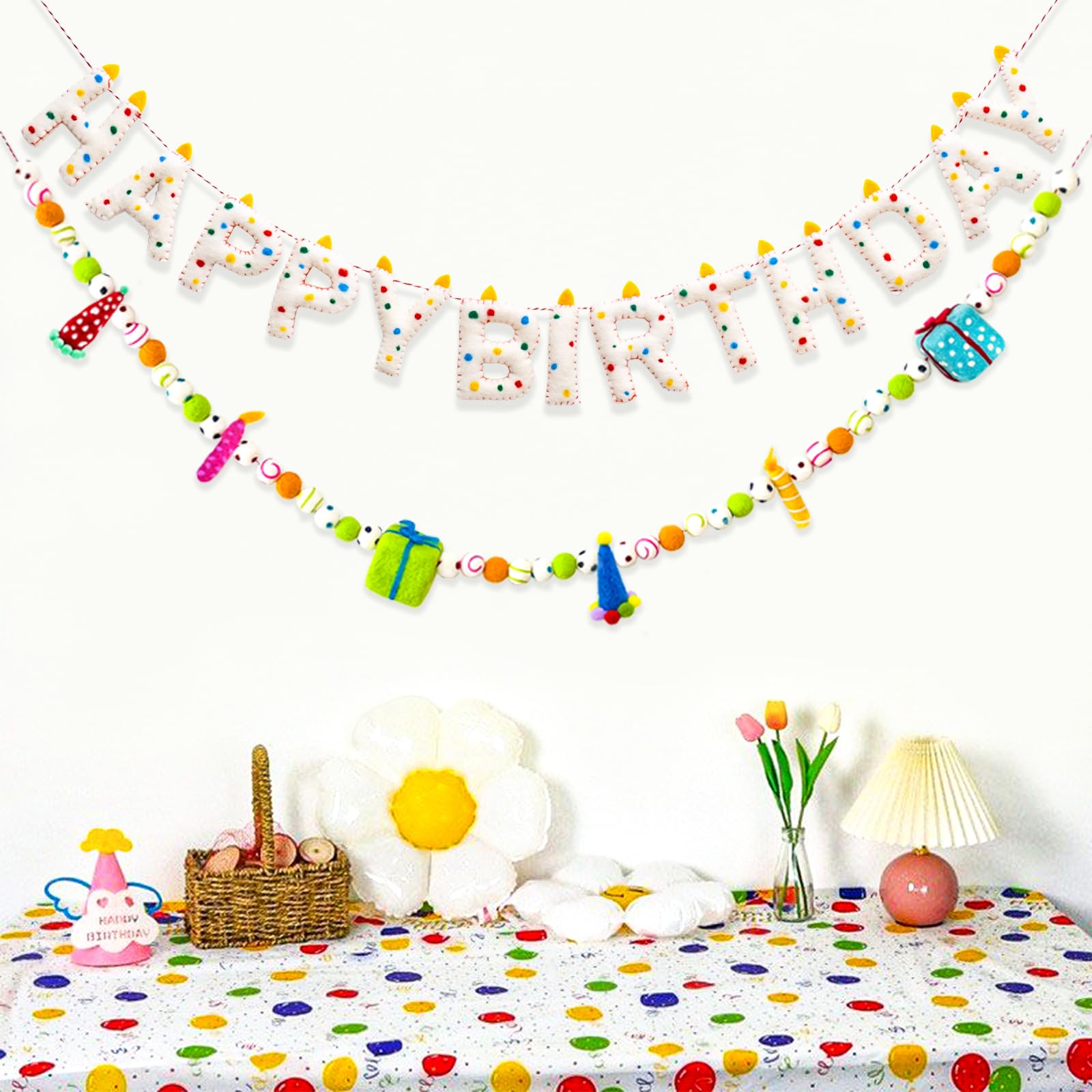 KUQJJQU Pre-Strung Happy Birthday Banner – Handmade Wool Felt 3D Letters, Rainbow Party Decor