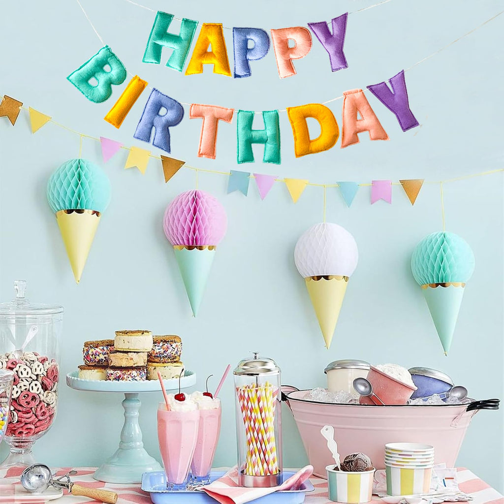 KUQJJQU Pre-Strung Happy Birthday Banner - 3D Felt Ball Garland in Macaron Pastel Colors
