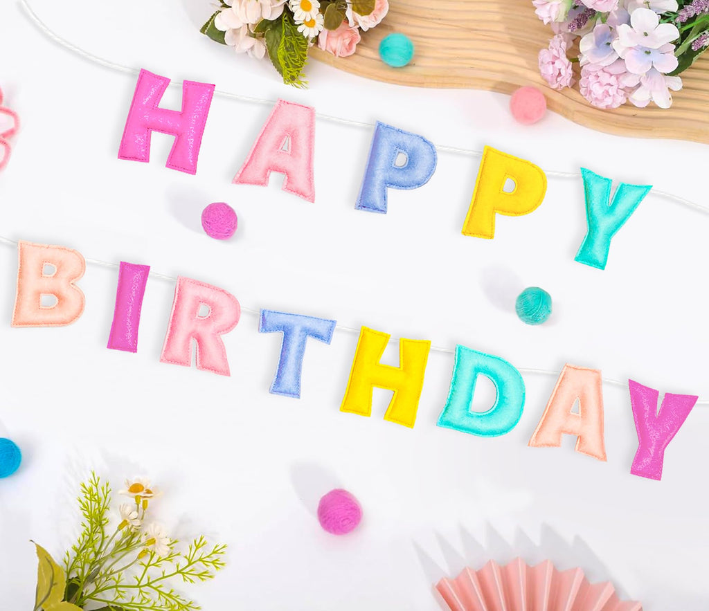 KUQJJQU Pre-Strung Happy Birthday Banner – Felt Ball Garland, Pastel Rainbow Party Decor