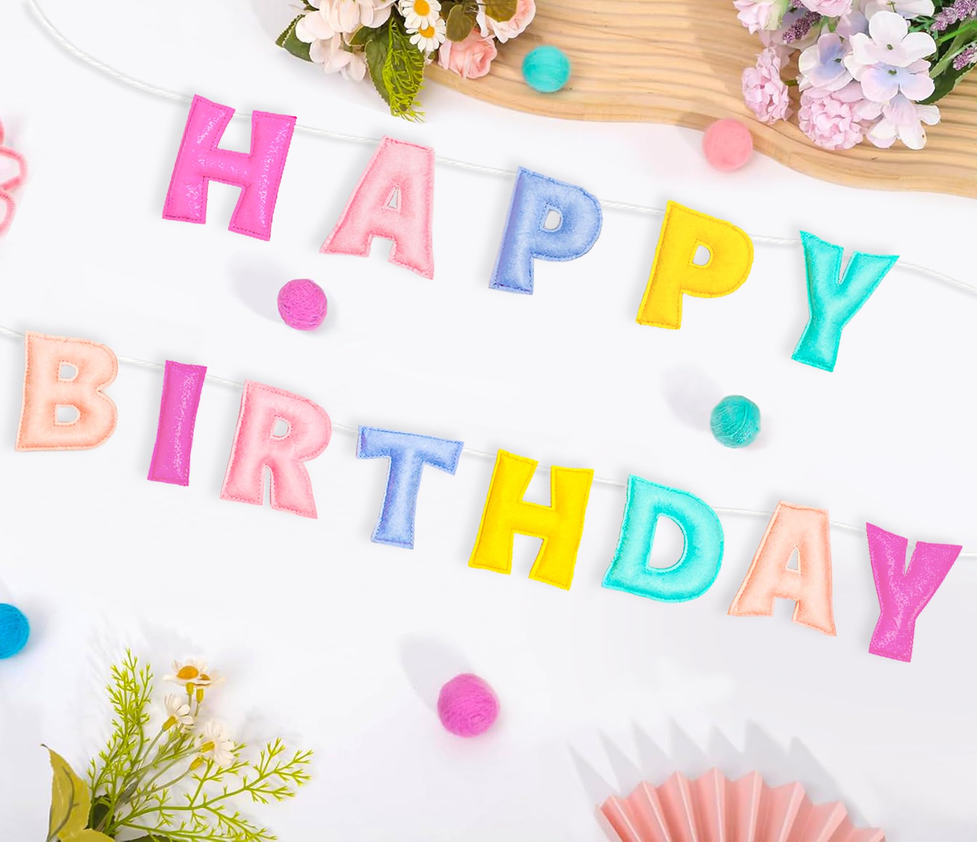 KUQJJQU Pre-Strung Happy Birthday Banner – Felt Ball Garland, Pastel Rainbow Party Decor