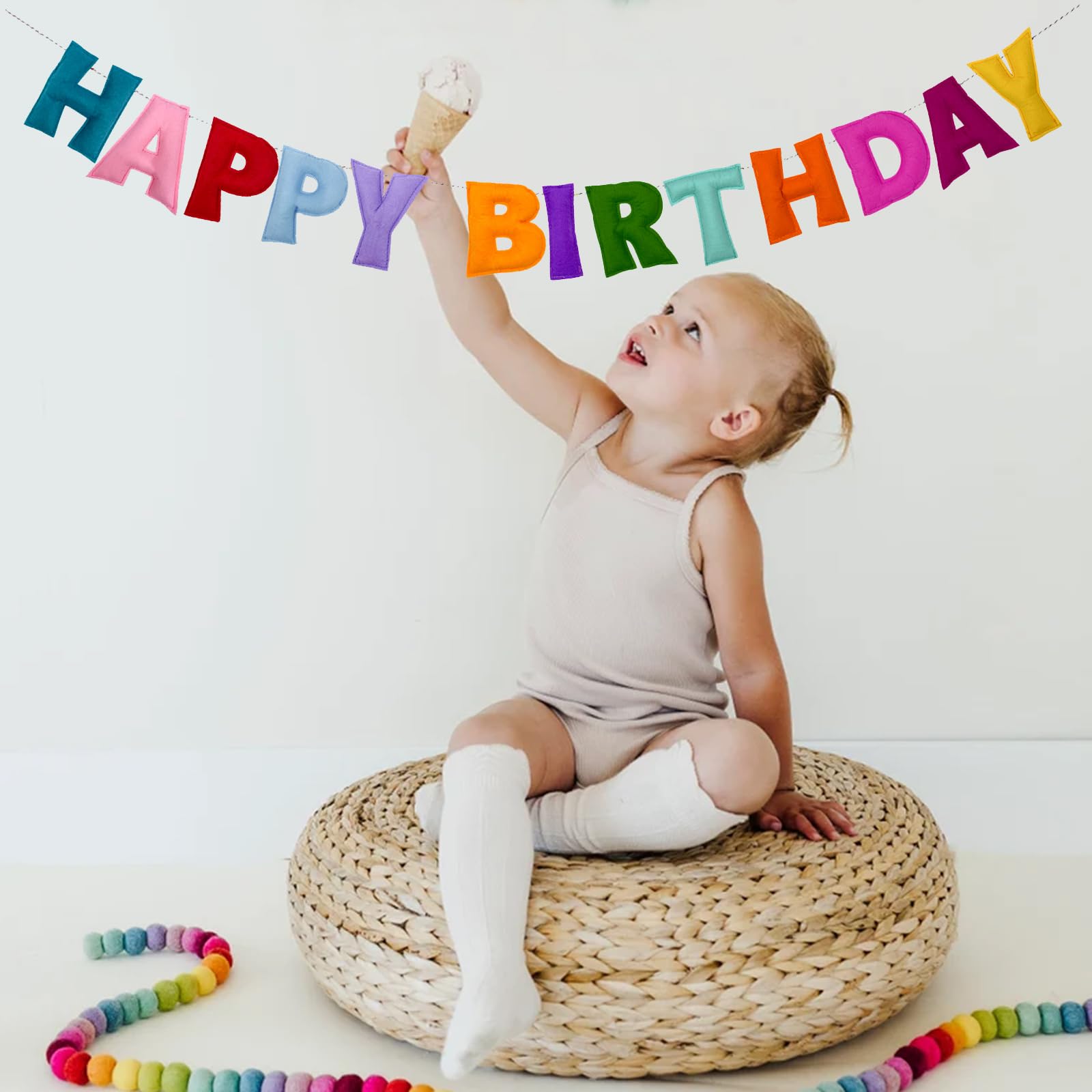 KUQJJQU Pre-Strung Happy Birthday Banner – Felt Ball Garland, Rainbow Birthday Decor