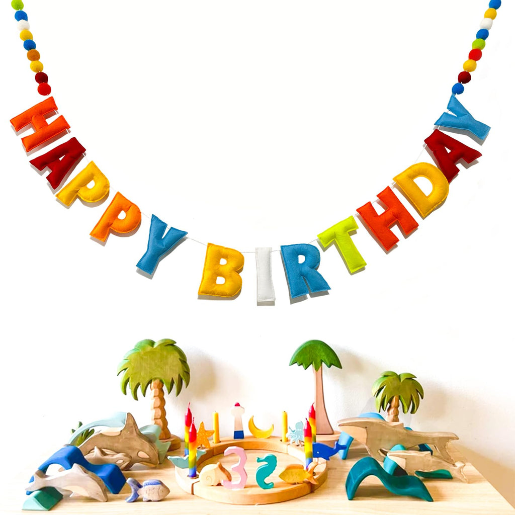 KUQJJQU Pre-Strung Happy Birthday Banner – Rainbow Felt Ball Garland