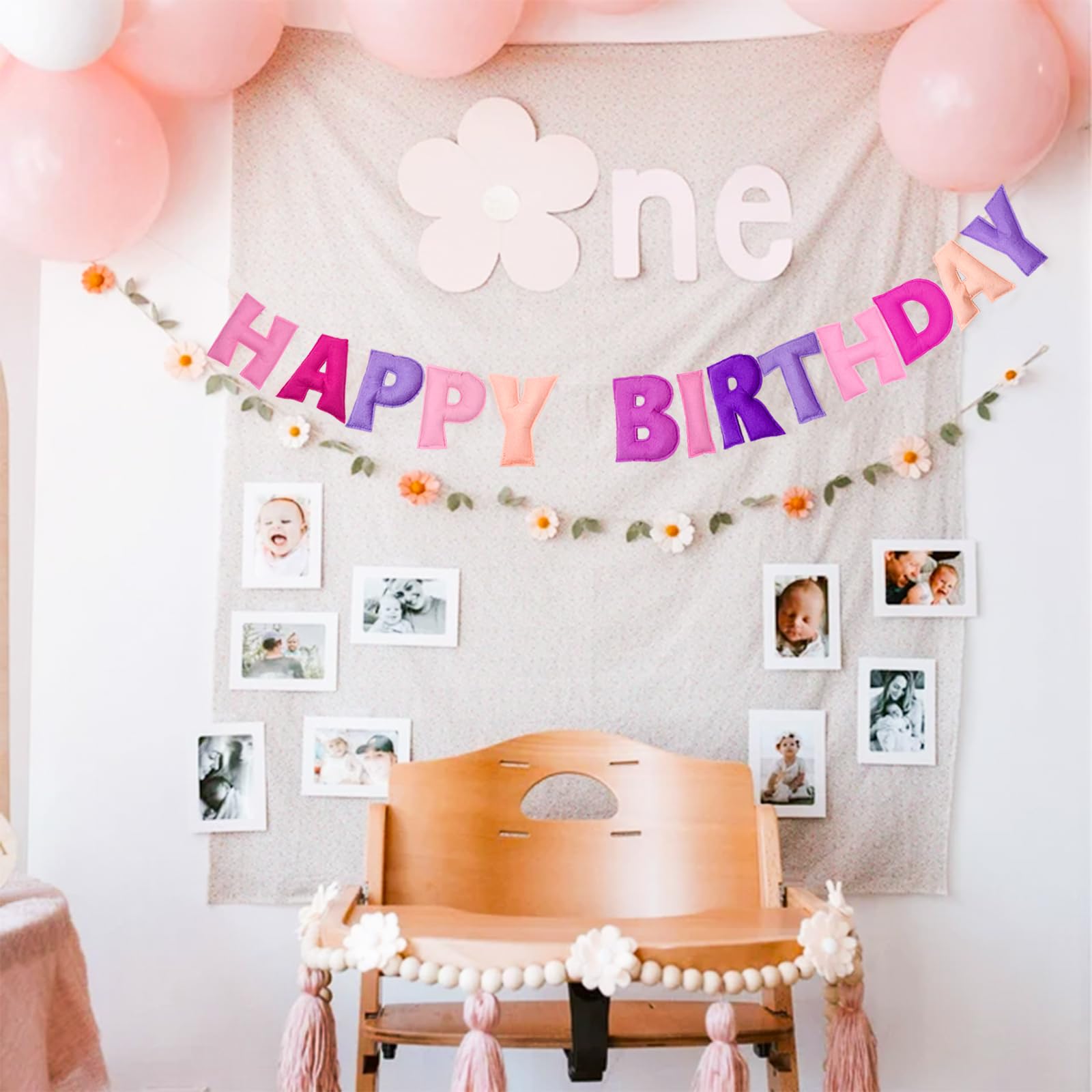 KUQJJQU Pre-Strung Happy Birthday Banner – Pink Felt Ball Garland