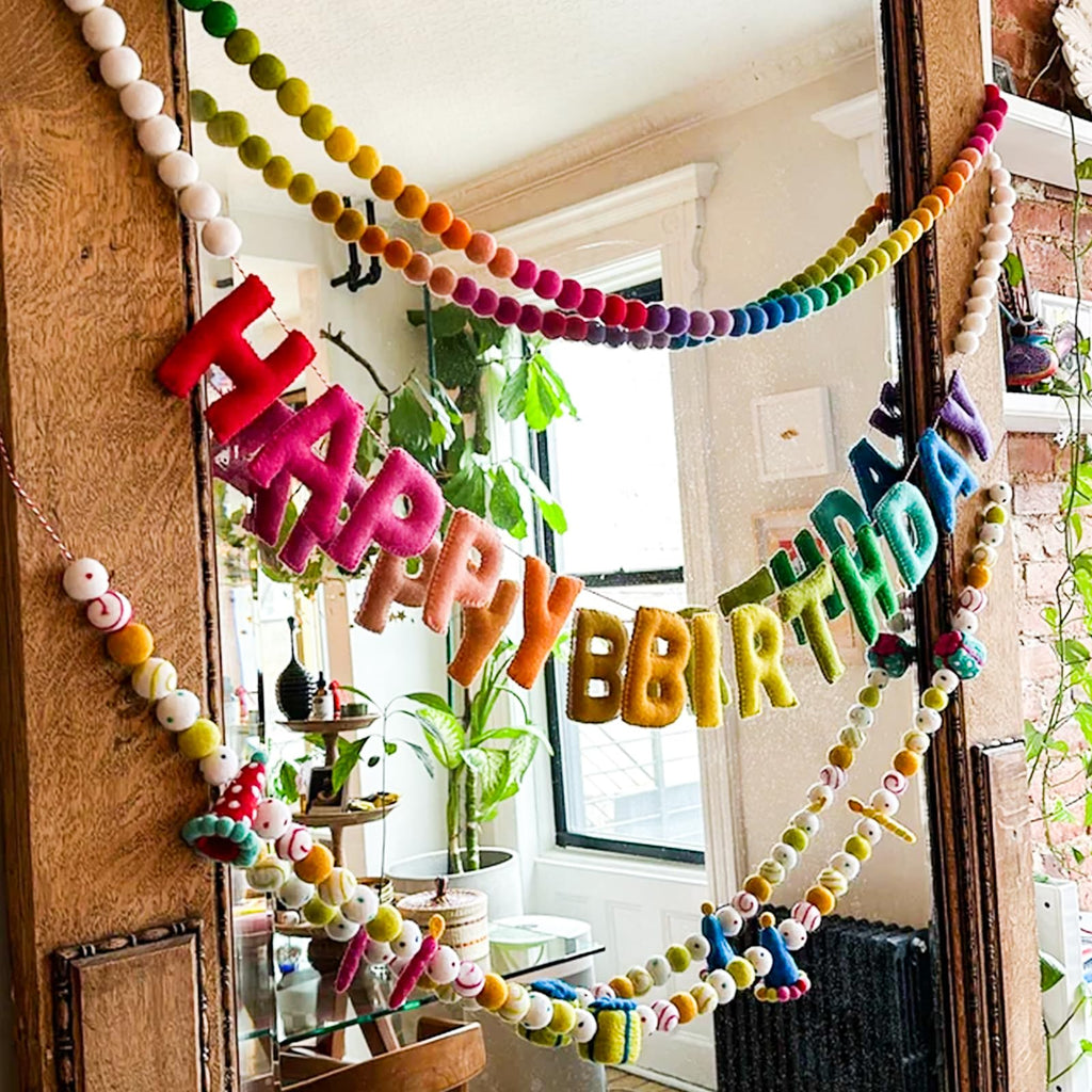 KUQJJQU Pre-Strung Happy Birthday Banner & Colorful Felt Ball Garland