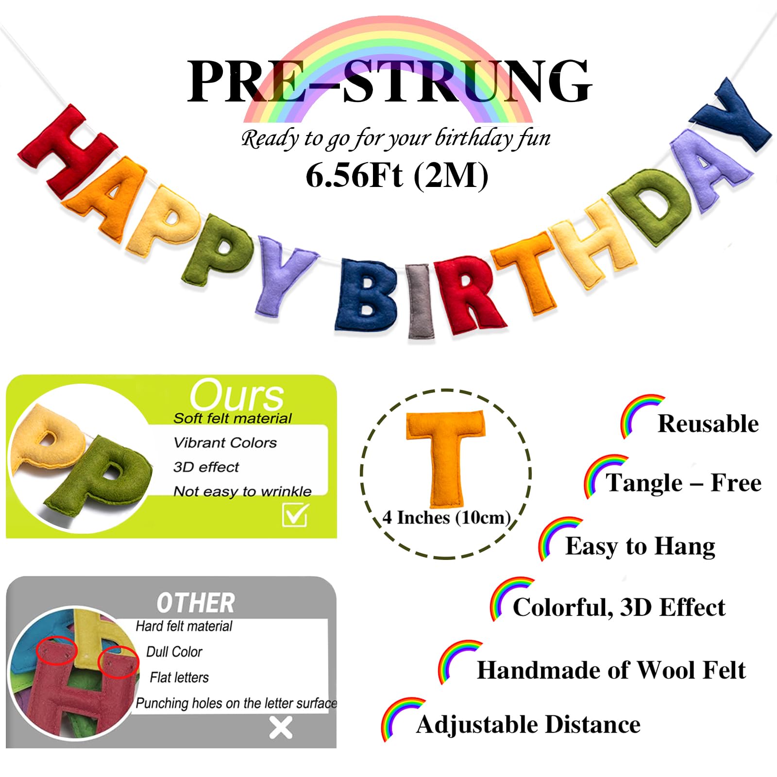 KUQJJQU Pre-Strung Happy Birthday Banner - Retro Classic Felt Garland