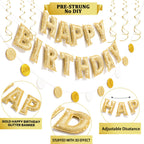 KUQJJQU Pre-strung Gold Glitter Happy Birthday Banner Garland – Reusable Gold Party Decor