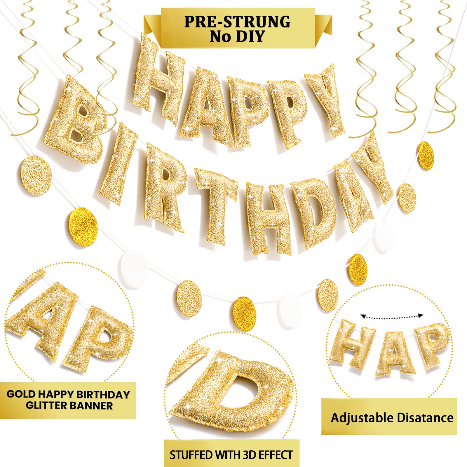 KUQJJQU Pre-strung Gold Glitter Happy Birthday Banner Garland – Reusable Gold Party Decor