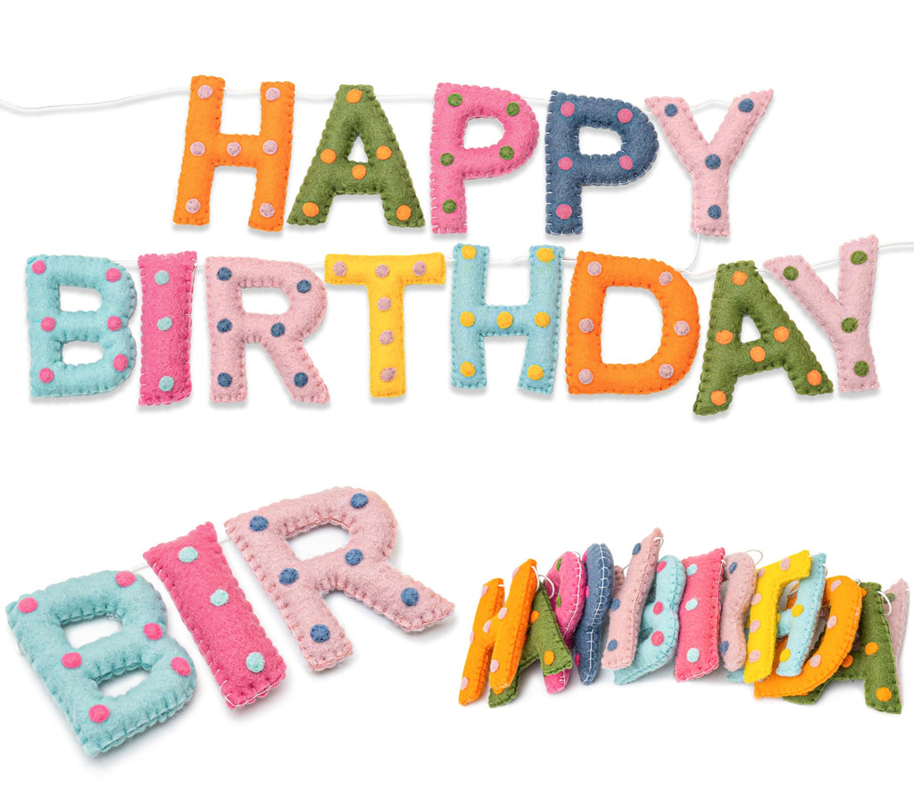 KUQJJQU Pre-Strung Wool Felt Birthday Banner – Colorful 3D Dots Garland