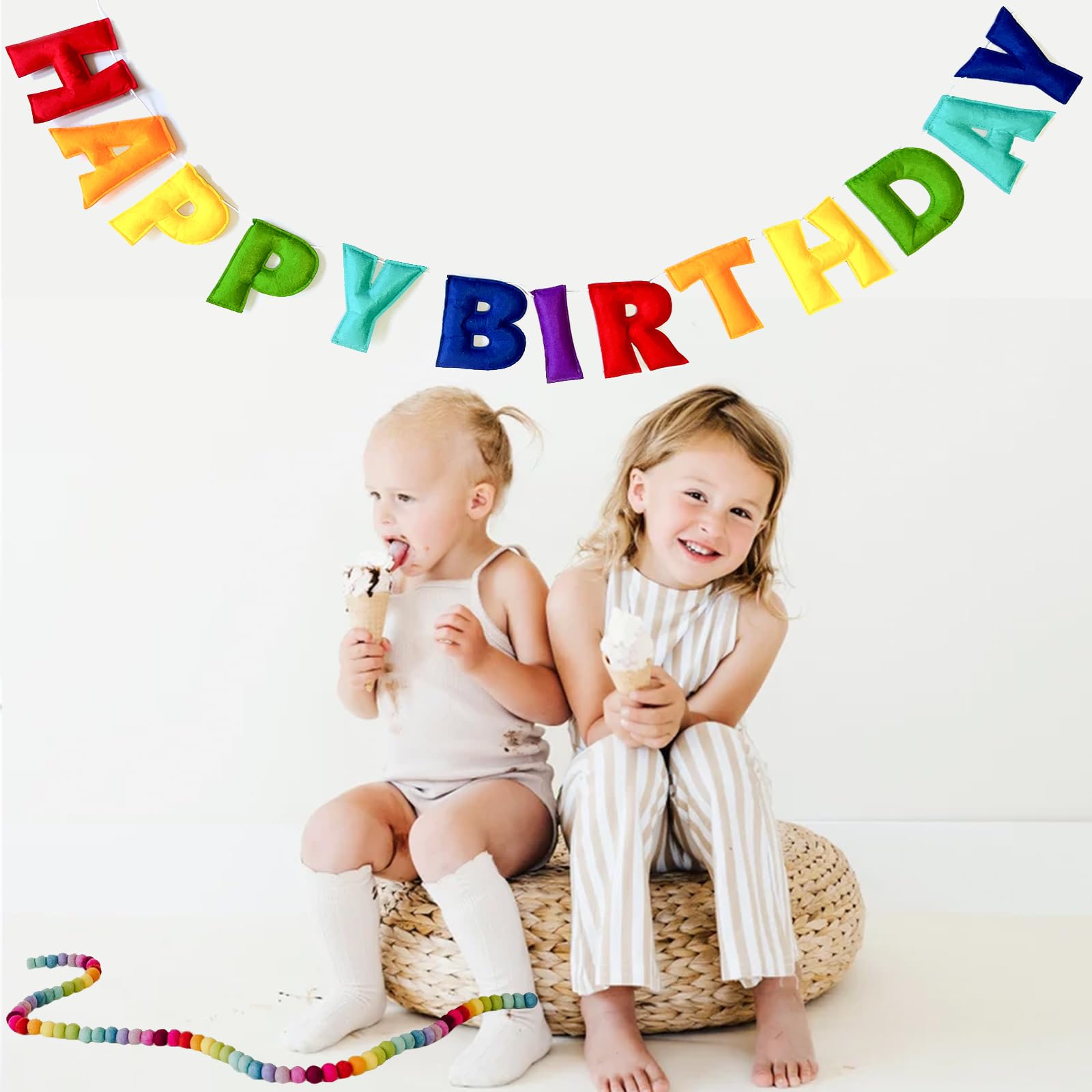 KUQJJQU Pre-Strung Happy Birthday Banner – Felt Ball Garland in Rainbow Colors | Birthday Decor & Photo Prop