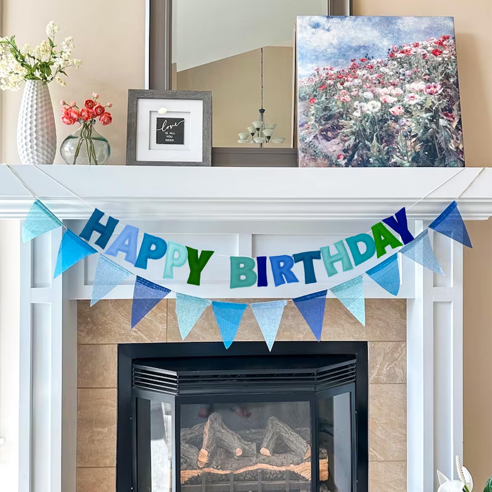 KUQJJQU Pre-Strung Happy Birthday Banner – Felt Ball Garland, Rainbow Party Decor (Blue)