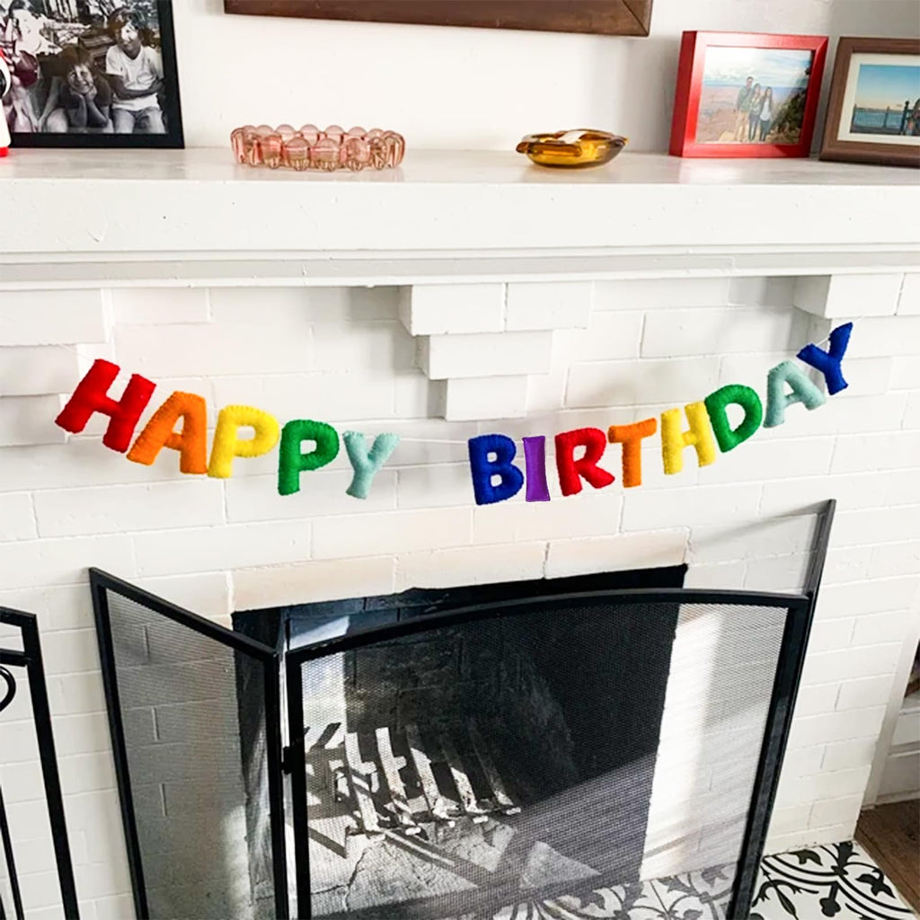 KUQJJQU Pre-Strung Happy Birthday Banner – Felt Ball Garland in Rainbow Colors | Birthday Decor & Photo Prop