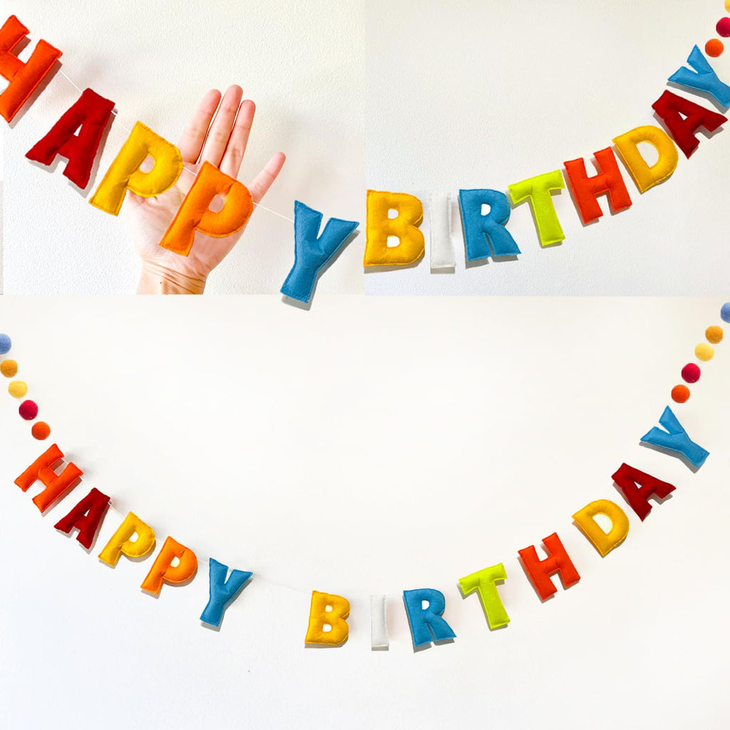 KUQJJQU Pre-Strung Happy Birthday Banner – Rainbow Felt Ball Garland