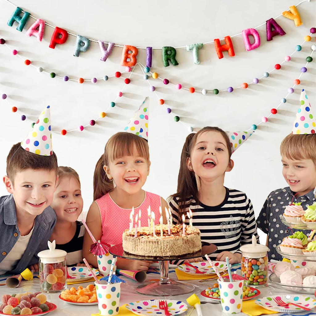 KUQJJQU Pre-Strung Happy Birthday Banner – Felt Ball Garland, Rainbow Birthday Decor