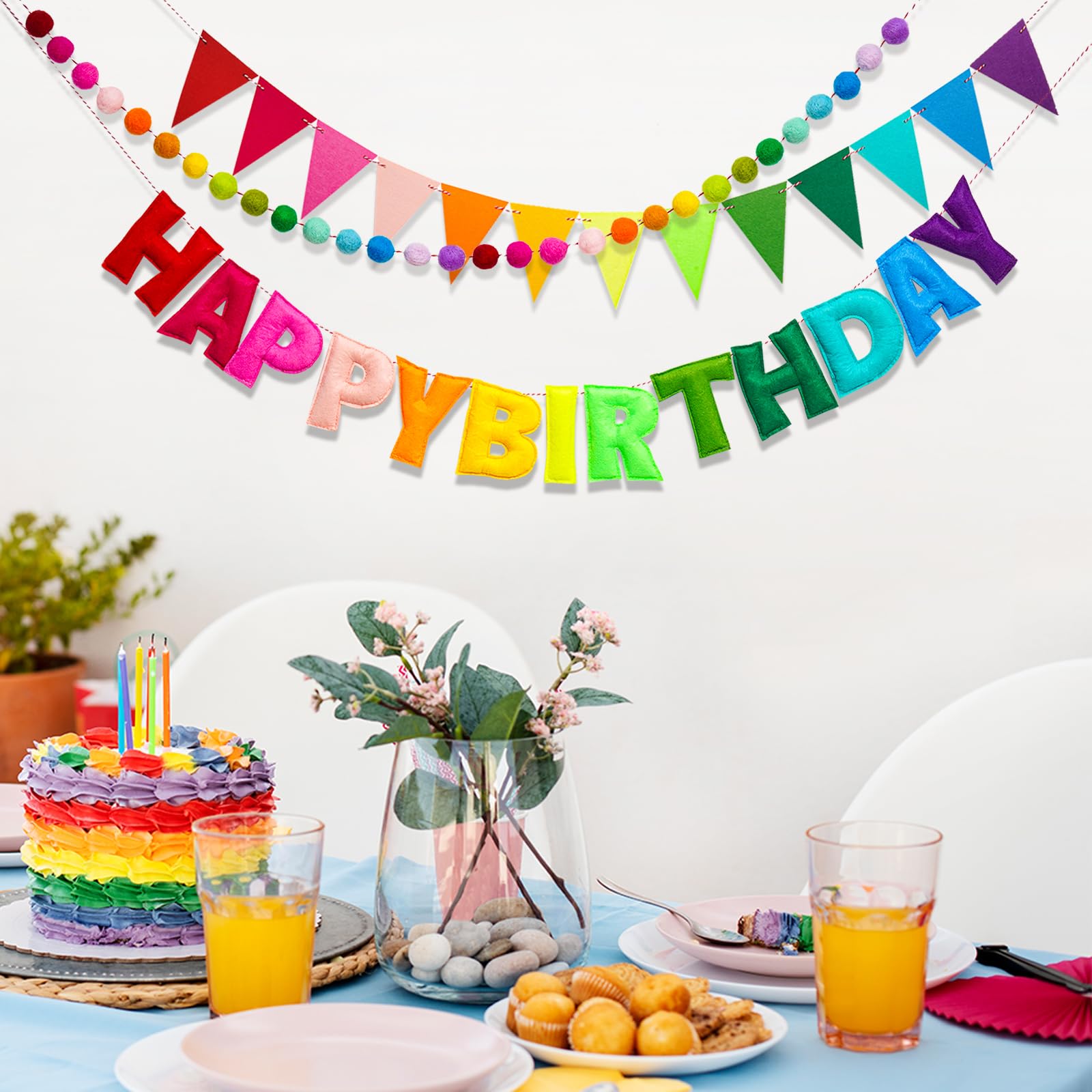 KUQJJQU 3-Pcs Pre-Strung Birthday Banner Set — Handmade Wool Felt Rainbow Garland with Triangle Flags