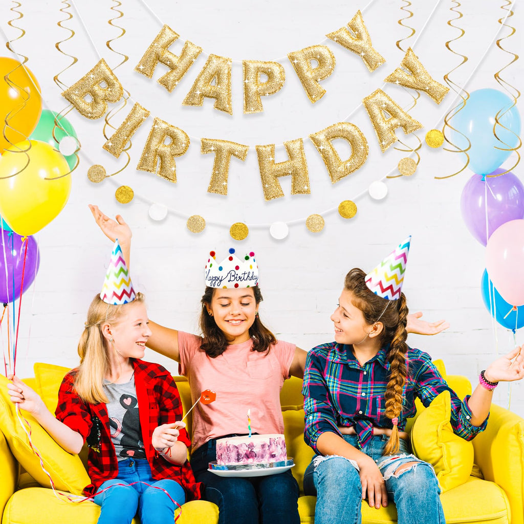 KUQJJQU Pre-strung Gold Glitter Happy Birthday Banner Garland – Reusable Gold Party Decor