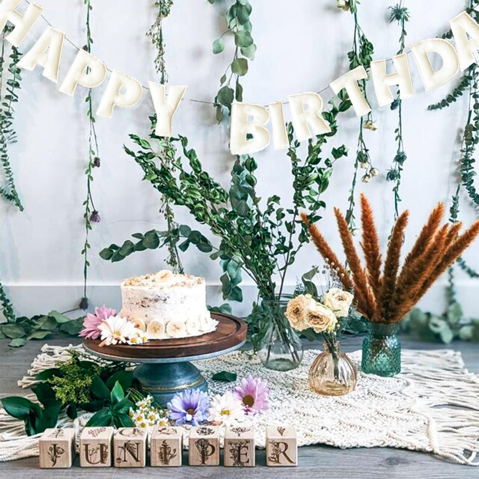 KUQJJQU Pre-Strung Happy Birthday Banner – White Felt Ball Garland