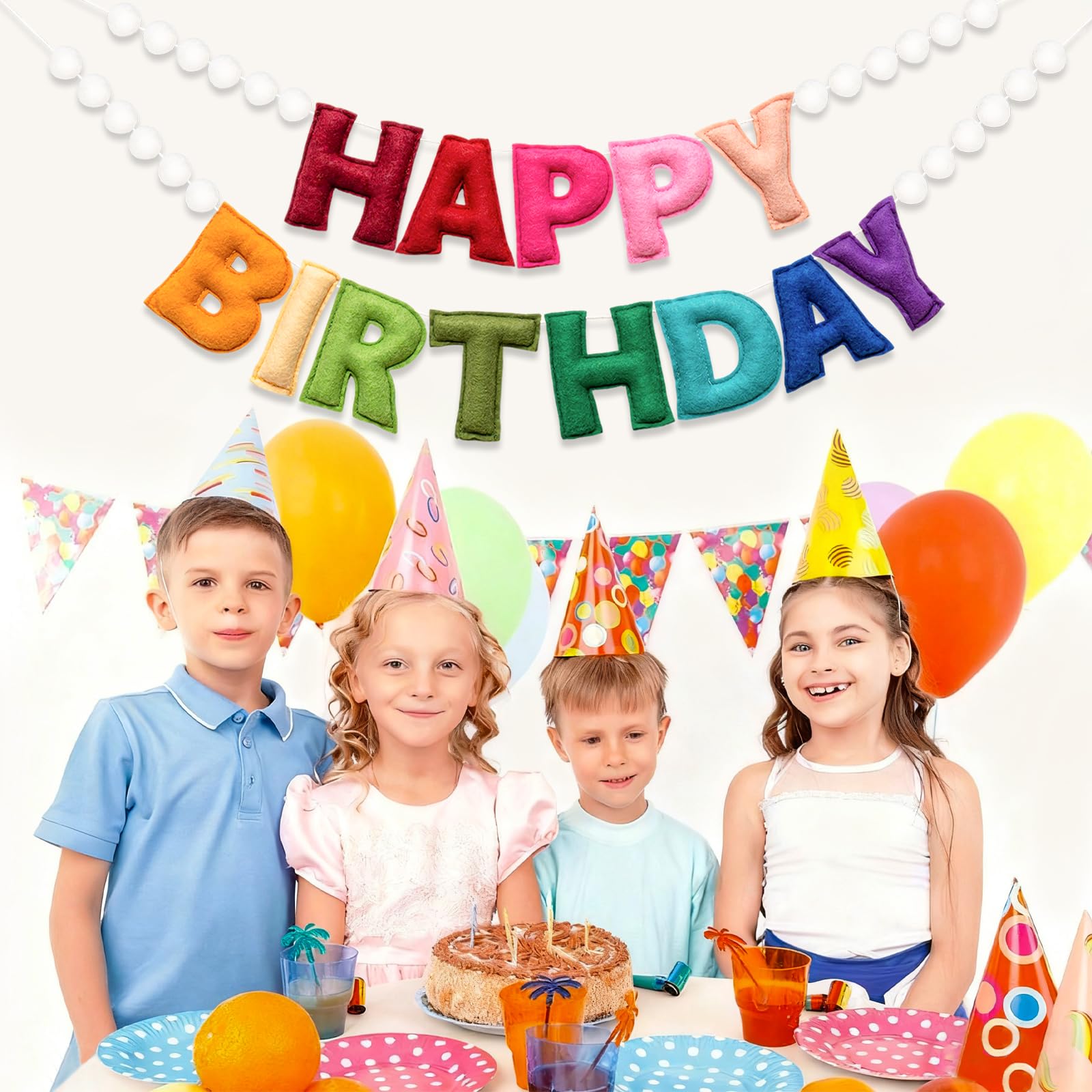 KUQJJQU 2Pcs Upgraded Pre-Strung Wool Felt Happy Birthday Banner – Rainbow Party Decor