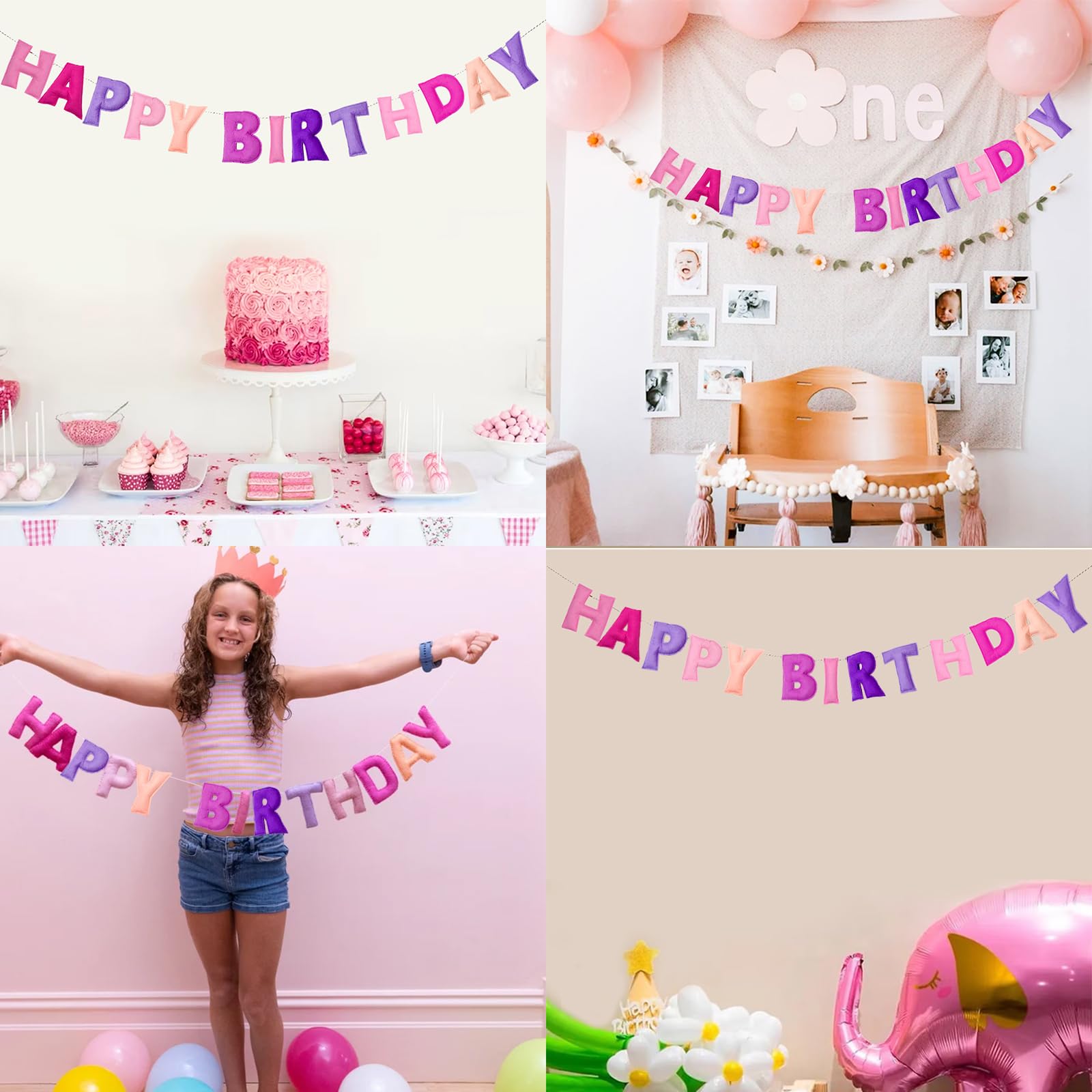 KUQJJQU Pre-Strung Happy Birthday Banner – Pink Felt Ball Garland