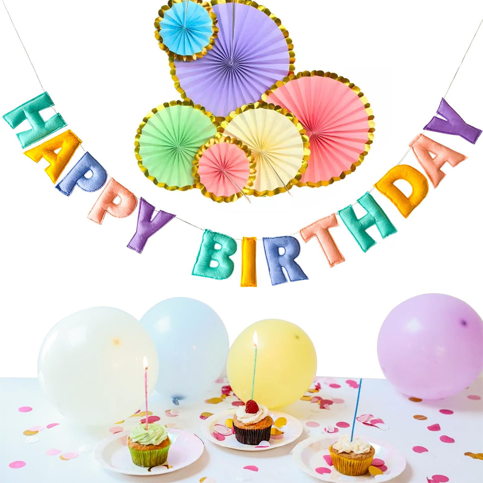 KUQJJQU Pre-Strung Happy Birthday Banner - 3D Felt Ball Garland in Macaron Pastel Colors