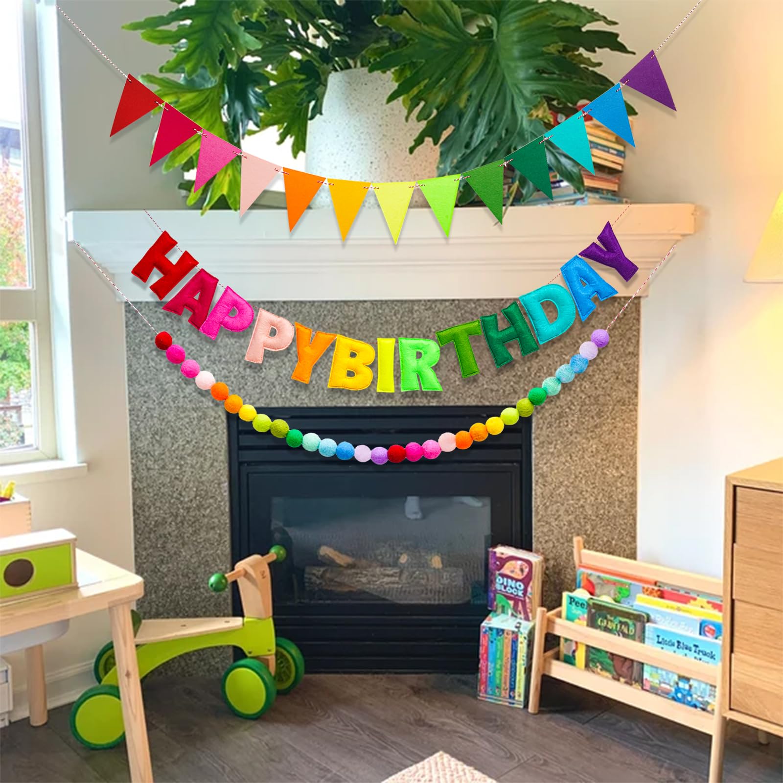 KUQJJQU 3-Pcs Pre-Strung Birthday Banner Set — Handmade Wool Felt Rainbow Garland with Triangle Flags