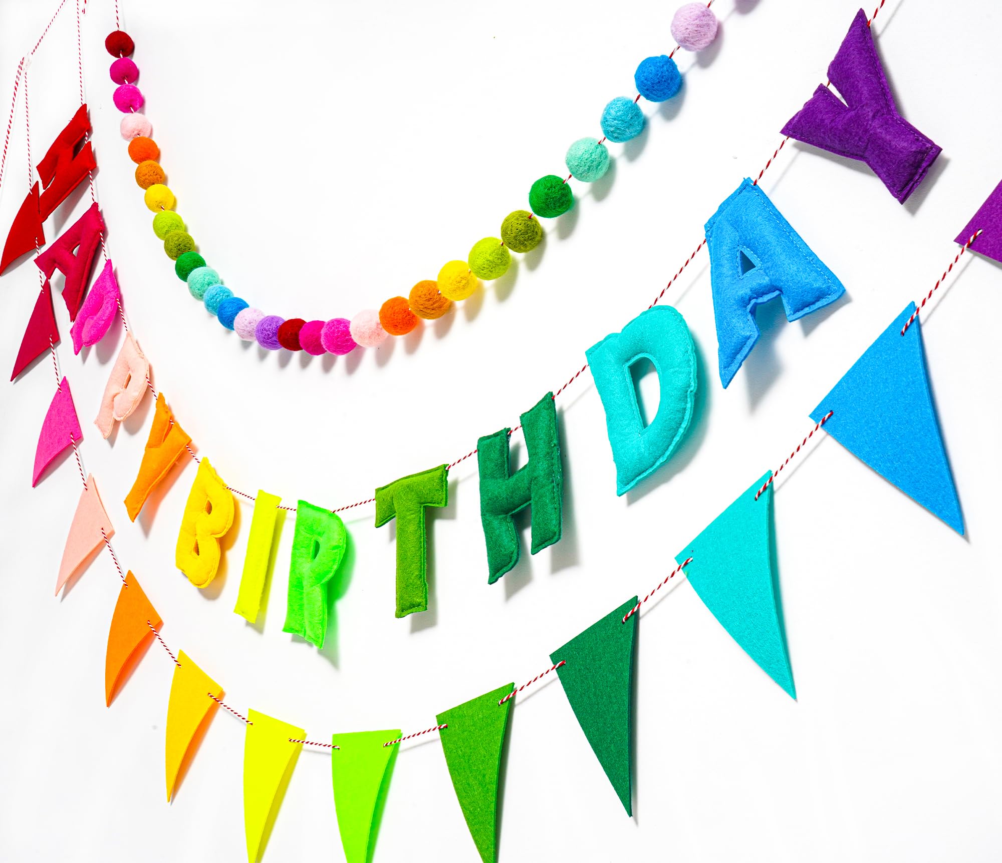 KUQJJQU 3-Pcs Pre-Strung Birthday Banner Set — Handmade Wool Felt Rainbow Garland with Triangle Flags