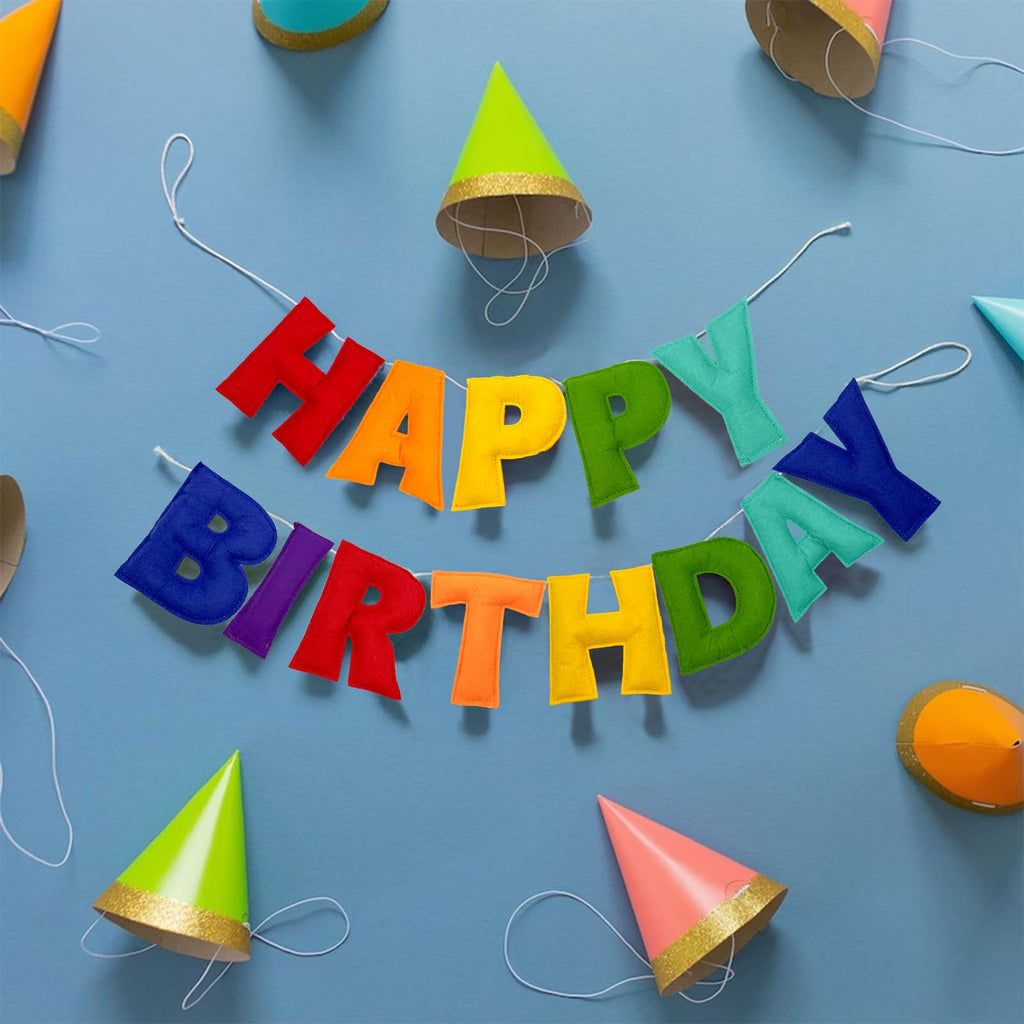 KUQJJQU Pre-Strung Happy Birthday Banner – Felt Ball Garland in Rainbow Colors | Birthday Decor & Photo Prop