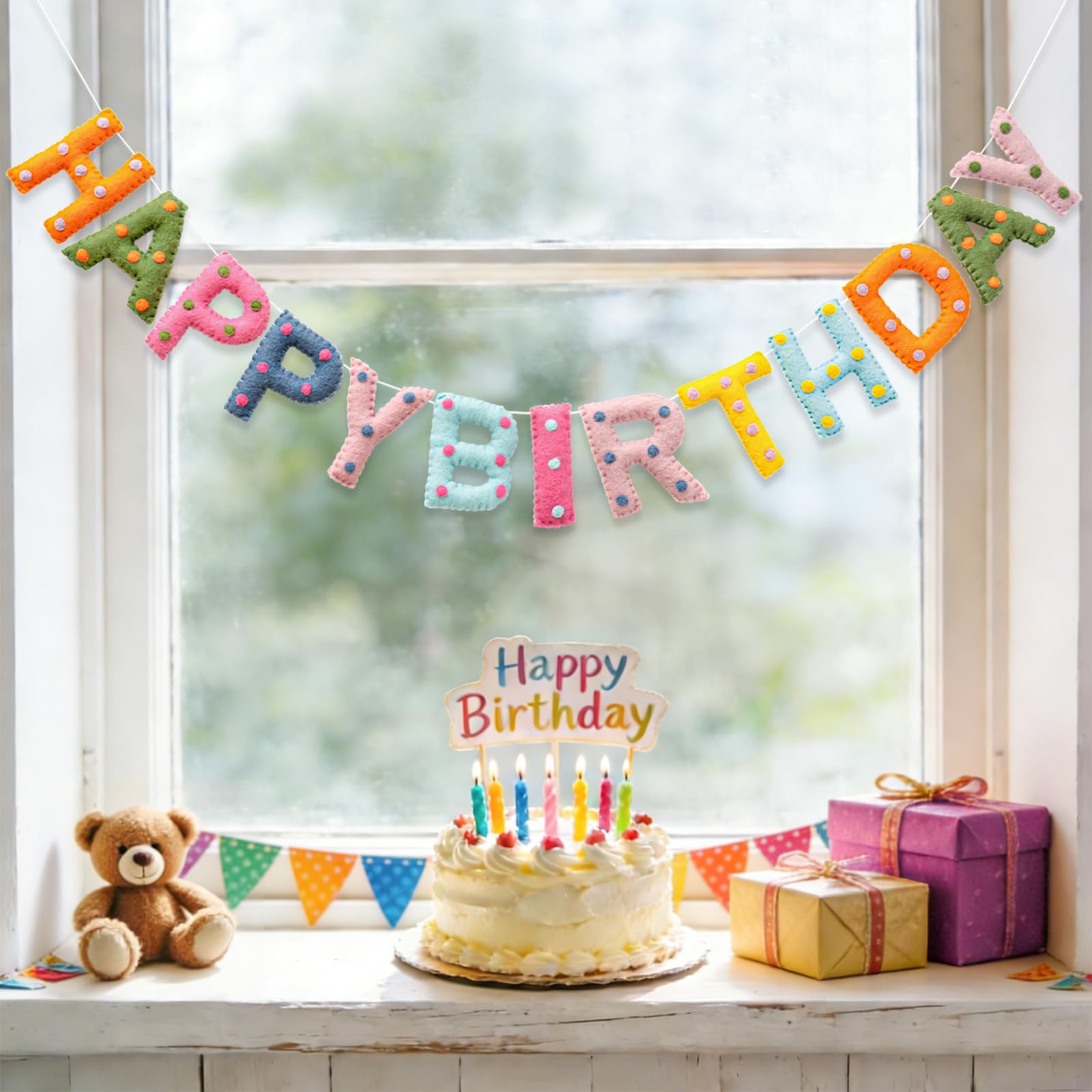 KUQJJQU Pre-Strung Wool Felt Birthday Banner – Colorful 3D Dots Garland