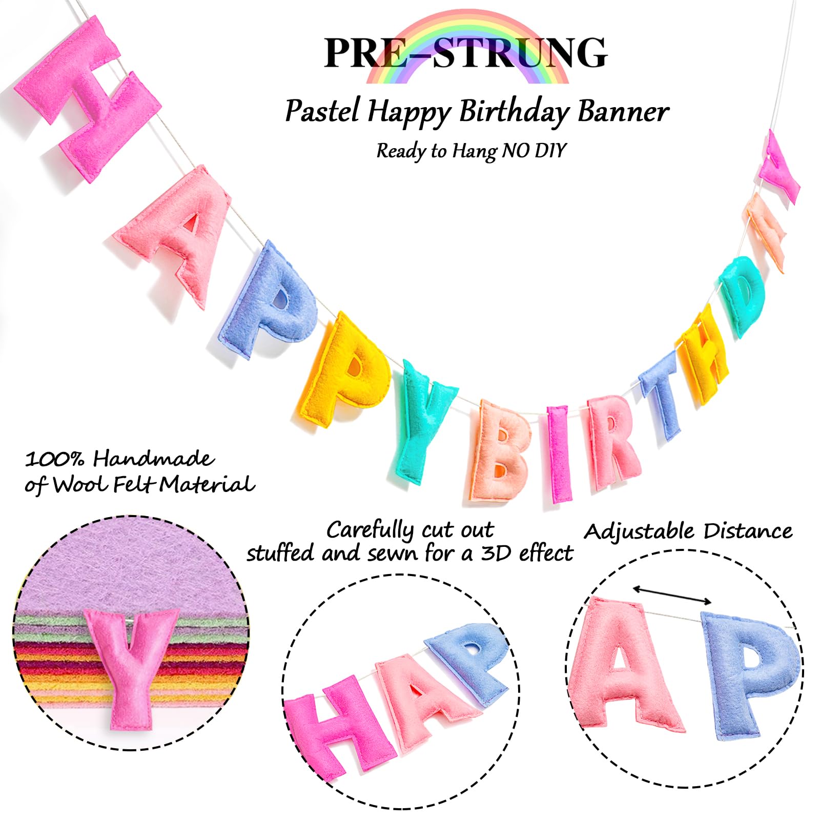 KUQJJQU Pre-Strung Happy Birthday Banner – Felt Ball Garland, Pastel Rainbow Party Decor