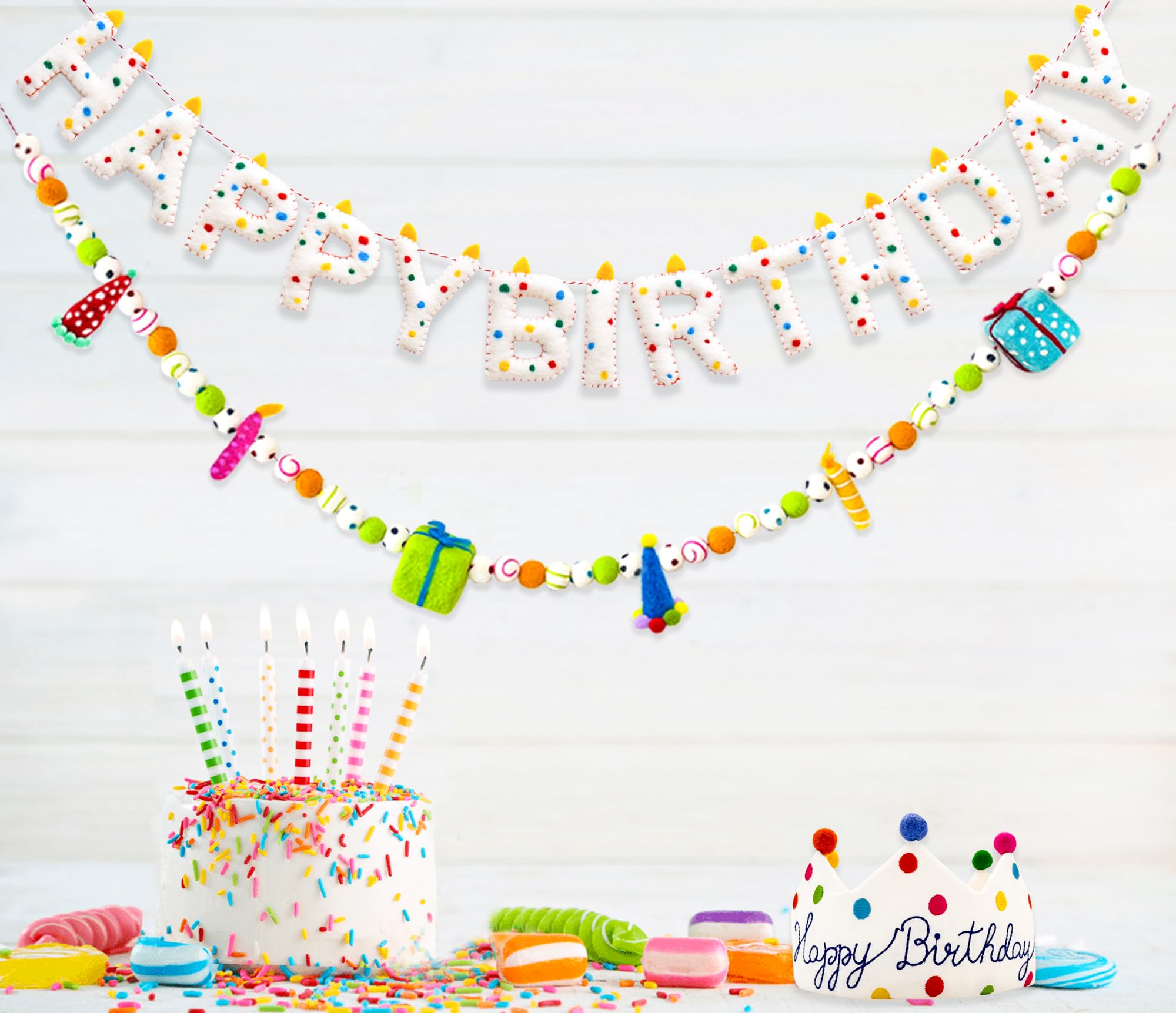 KUQJJQU Pre-Strung Happy Birthday Banner – Handmade Wool Felt 3D Letters, Rainbow Party Decor