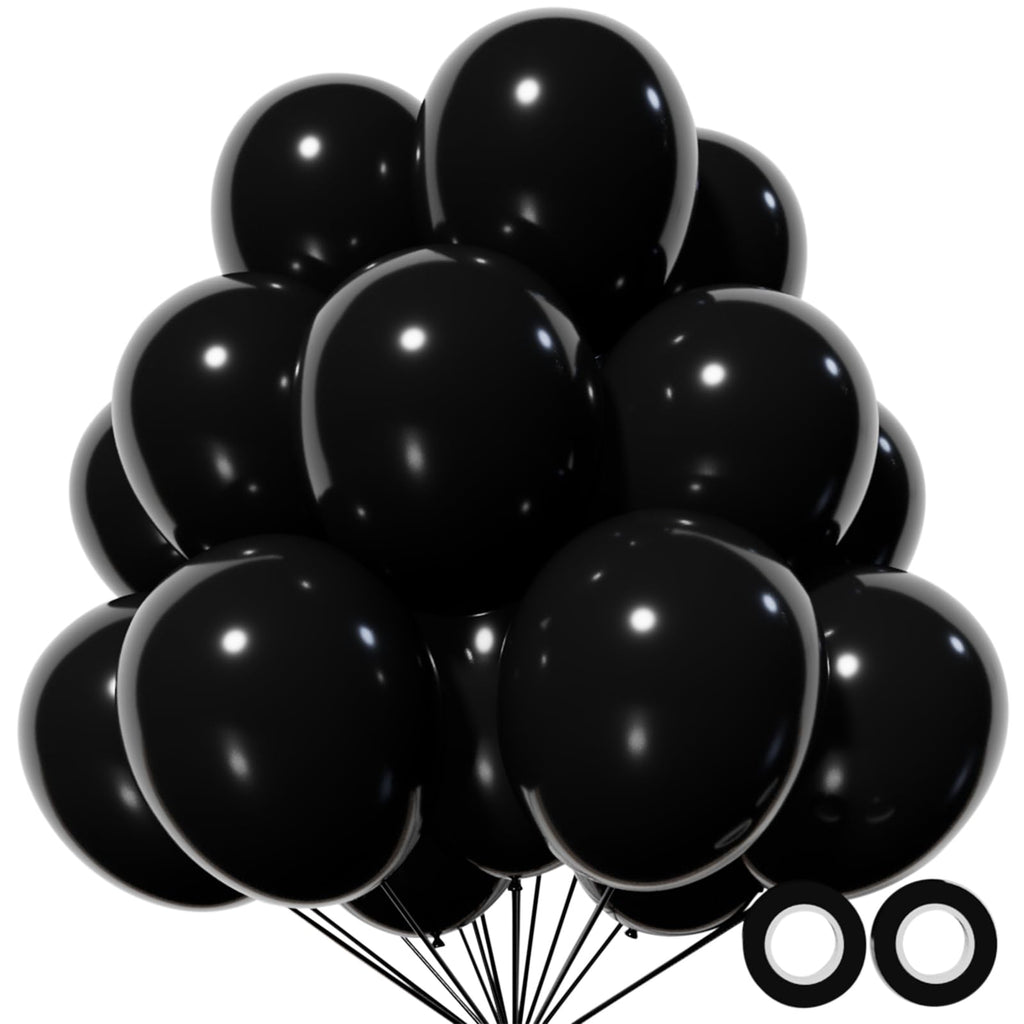 KUULBELA 110pcs Black Balloons 12-Inch | Latex Balloons with 2 Ribbons for Party Decor