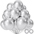 KUULBELA 110pcs Metallic Silver Balloons – 12-Inch Latex with Ribbons for Parties