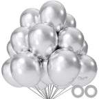 KUULBELA 110pcs Metallic Silver Balloons – 12-Inch Latex with Ribbons for Parties