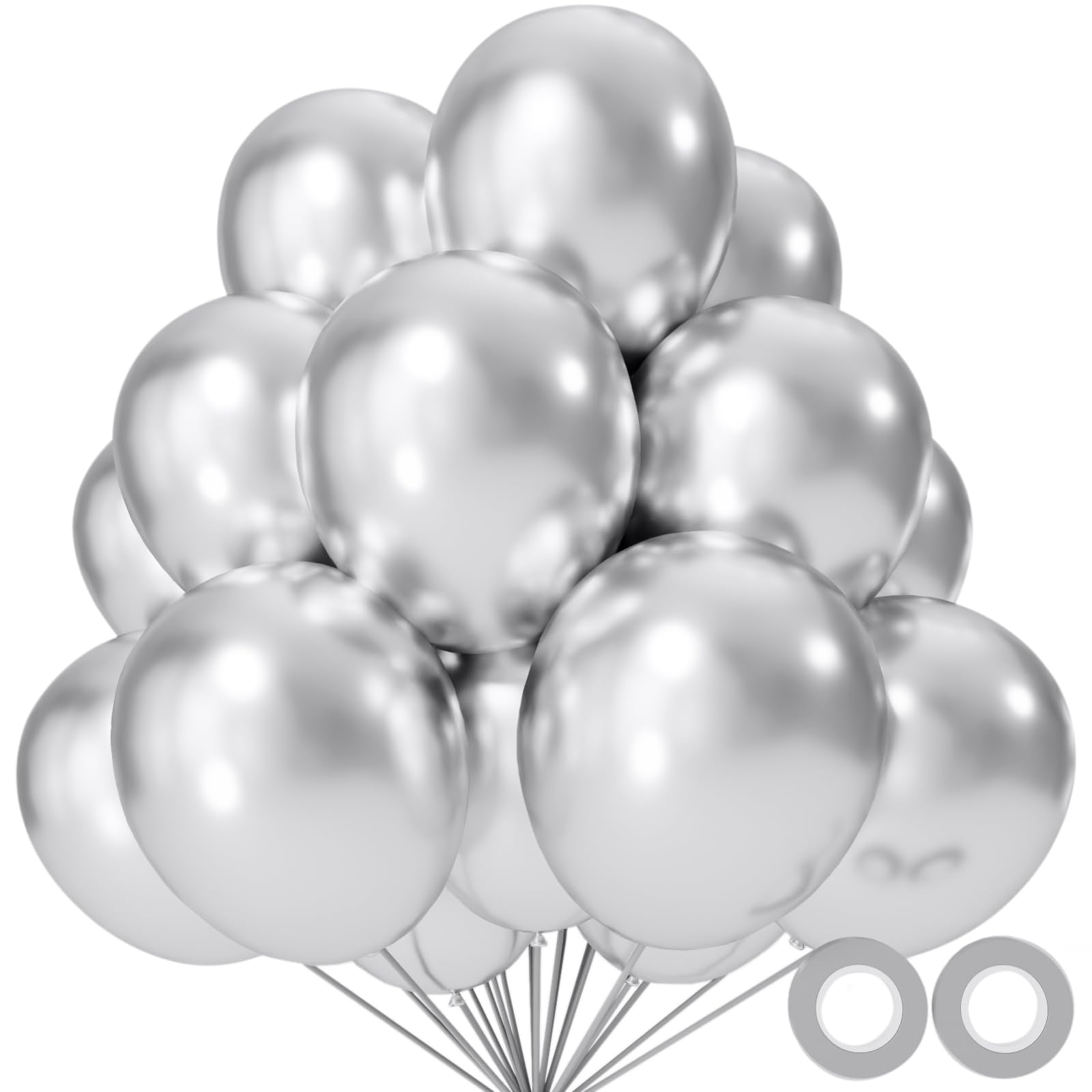 KUULBELA 110pcs Metallic Silver Balloons – 12-Inch Latex with Ribbons for Parties