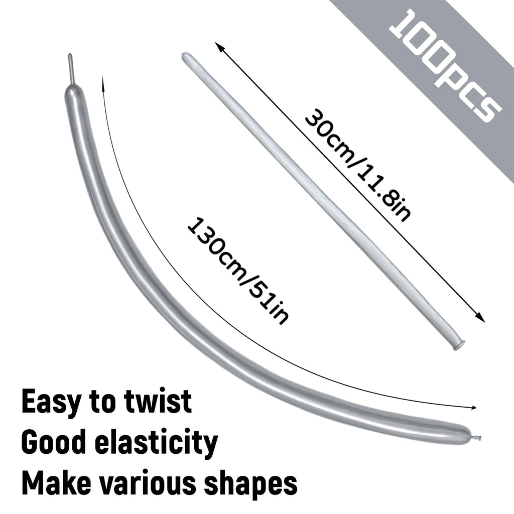 KUULBELA 100Pcs 260 Balloons – Metallic Silver Long Balloons for Creative Balloon Animals & Party Decor