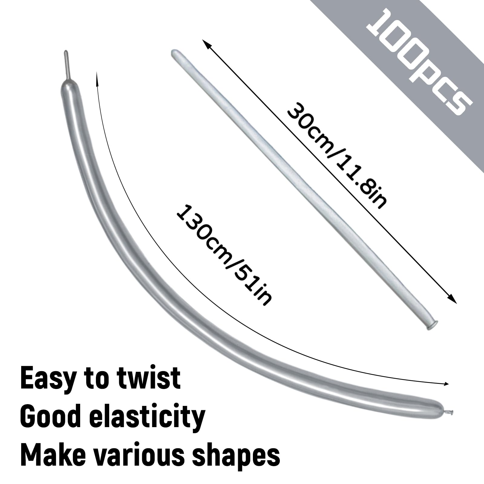 KUULBELA 100Pcs 260 Balloons – Metallic Silver Long Balloons for Creative Balloon Animals & Party Decor